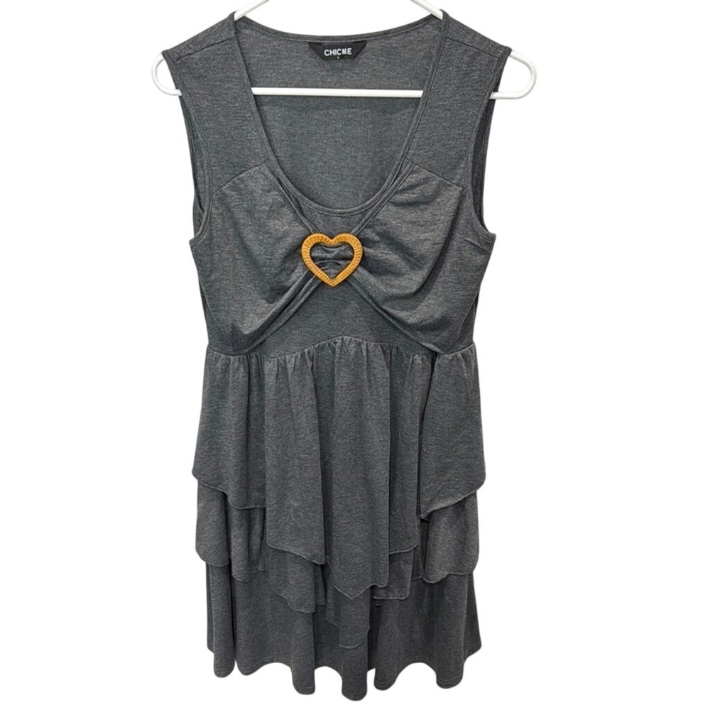 ChicMe Gray Tiered Ruffle Mini Dress Heart‎ Wicker Buckle V-Neck Sleeveless L